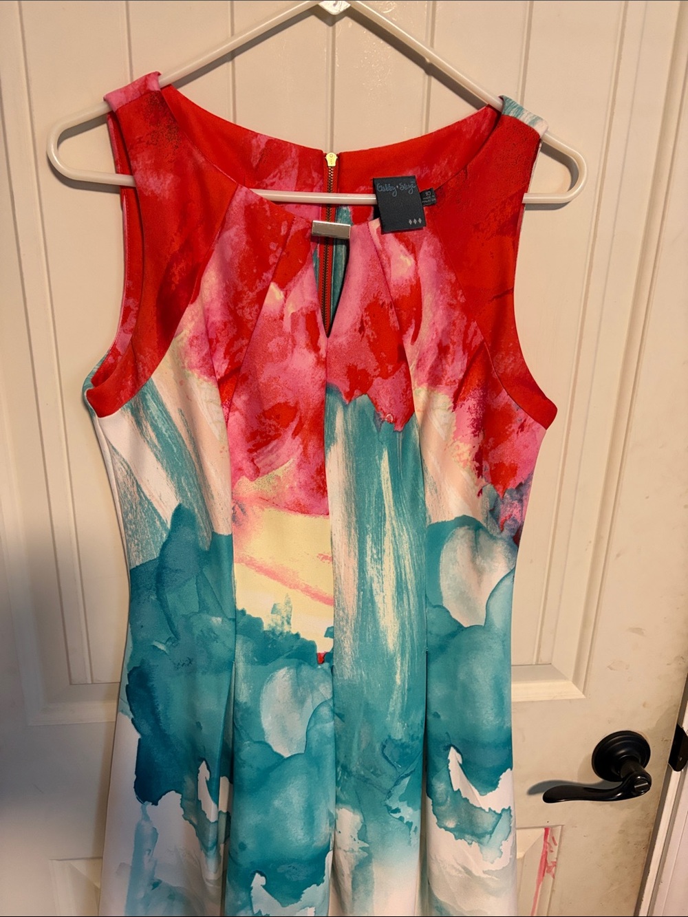 Gabby Skye Sleeveless Asymmetrical Watercolor Dress - Coral & Teal